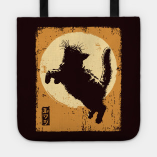 Ukiyo-e Pouncing Cat - Retro Japanese Black Cat Tote