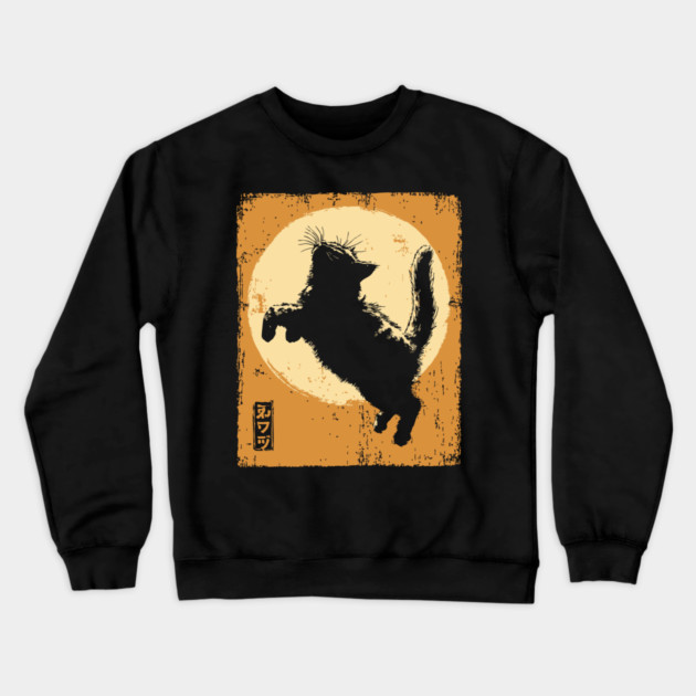 Ukiyo-e Pouncing Cat - Retro Japanese Black Cat Crewneck Sweatshirt by TuncGK