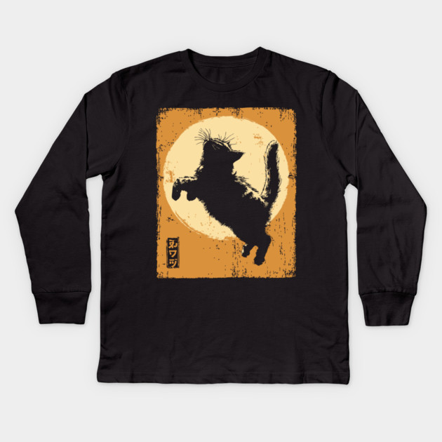 Ukiyo-e Pouncing Cat - Retro Japanese Black Cat Kids Long Sleeve T-Shirt by TuncGK