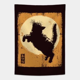 Ukiyo-e Pouncing Cat - Retro Japanese Black Cat Tapestry