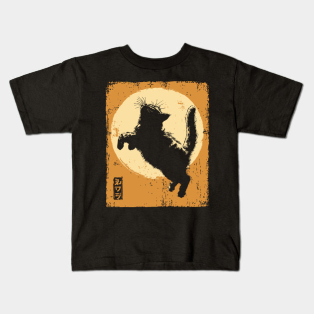Ukiyo-e Pouncing Cat - Retro Japanese Black Cat Kids T-Shirt by TuncGK