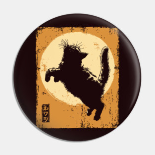 Ukiyo-e Pouncing Cat - Retro Japanese Black Cat Pin