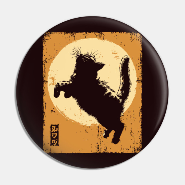 Ukiyo-e Pouncing Cat - Retro Japanese Black Cat Pin by TuncGK