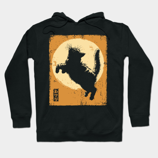Ukiyo-e Pouncing Cat - Retro Japanese Black Cat Hoodie by TuncGK