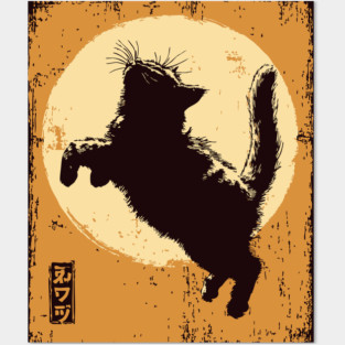 Ukiyo-e Pouncing Cat - Retro Japanese Black Cat Posters and Art