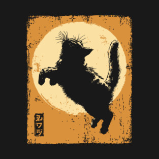 Ukiyo-e Pouncing Cat - Retro Japanese Black Cat T-Shirt