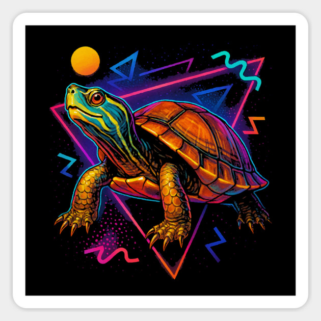 Retro Neon Malayan Wood Turtle Magnet by Reptiq's Store