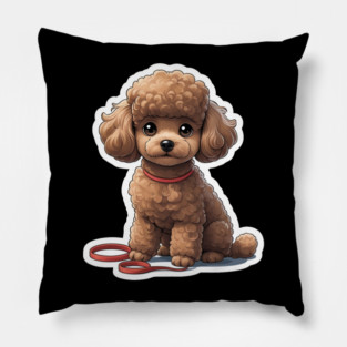 Fluffy Brown Poodle – Cute Dog with Red Leash for Pet Lovers Pillow