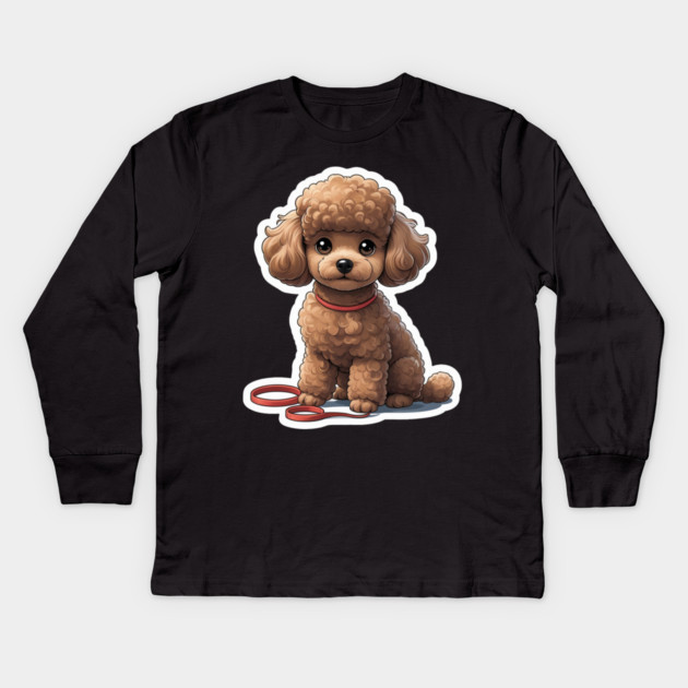 Fluffy Brown Poodle – Cute Dog with Red Leash for Pet Lovers Kids Long Sleeve T-Shirt by IamActiveDog