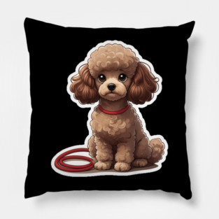Cute Poodle – Fluffy Brown Dog with Big Eyes & Red Leash Pillow