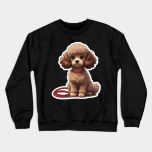 Cute Poodle – Fluffy Brown Dog with Big Eyes & Red Leash Crewneck Sweatshirt