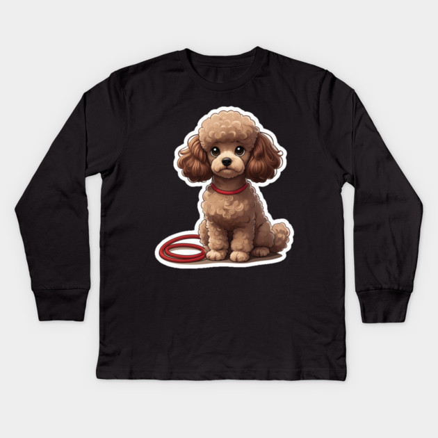Cute Poodle – Fluffy Brown Dog with Big Eyes & Red Leash Kids Long Sleeve T-Shirt by IamActiveDog