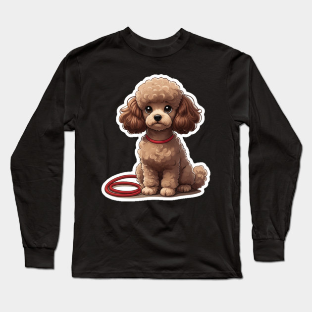 Cute Poodle – Fluffy Brown Dog with Big Eyes & Red Leash Long Sleeve T-Shirt by IamActiveDog
