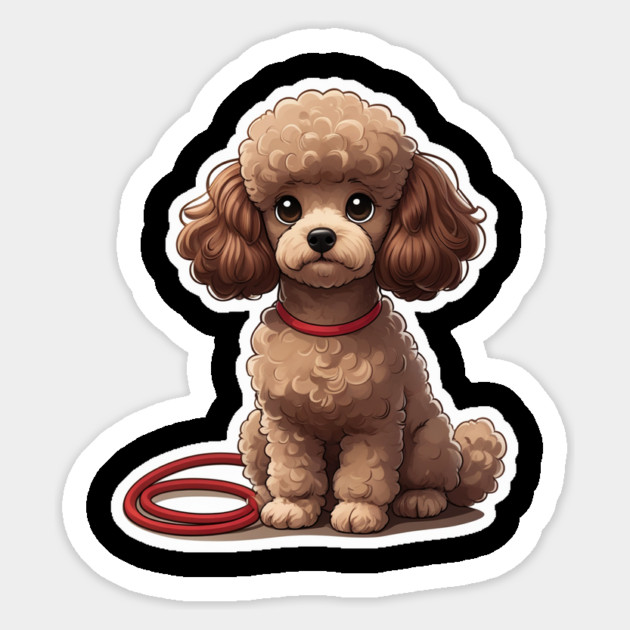 Cute Poodle – Fluffy Brown Dog with Big Eyes & Red Leash Sticker by IamActiveDog