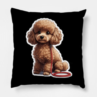 Adorable Dog – Brown Poodle with Leash in Peaceful Garden Scene Pillow