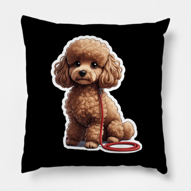 Adorable Dog – Brown Poodle with Leash in Peaceful Garden Scene Pillow by IamActiveDog