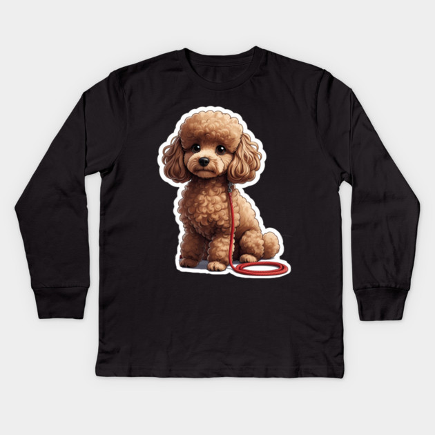 Adorable Dog – Brown Poodle with Leash in Peaceful Garden Scene Kids Long Sleeve T-Shirt by IamActiveDog