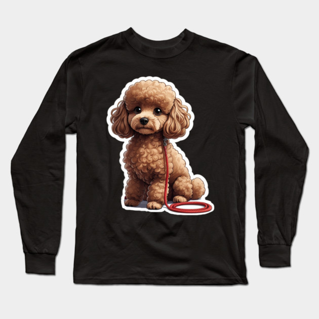 Adorable Dog – Brown Poodle with Leash in Peaceful Garden Scene Long Sleeve T-Shirt by IamActiveDog