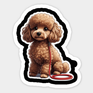 Adorable Dog – Brown Poodle with Leash in Peaceful Garden Scene Sticker
