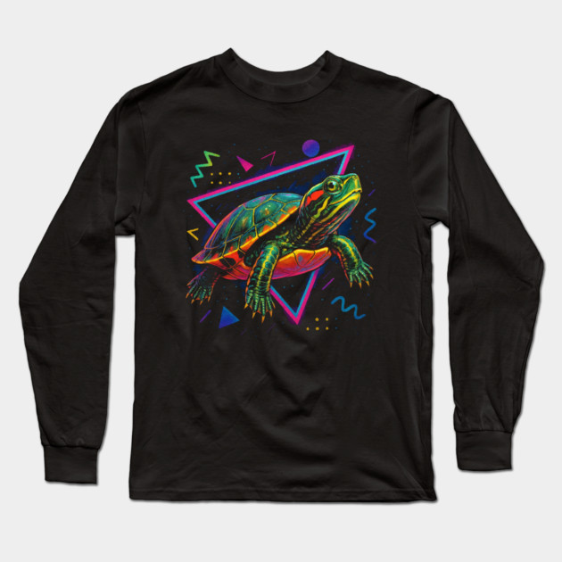 Retro Neon Eastern Painted Turtle Long Sleeve T-Shirt by Reptiq's Store