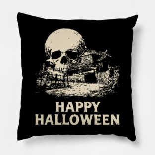 Haunted Skull Halloween Retro Poster Pillow