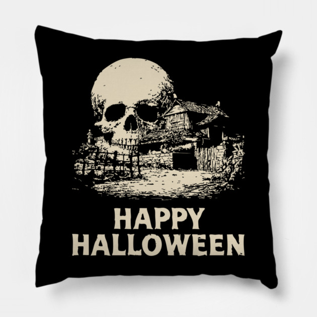 Haunted Skull Halloween Retro Poster Pillow by TuncGK