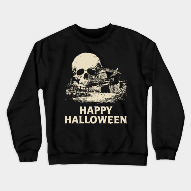 Haunted Skull Halloween Retro Poster Crewneck Sweatshirt by TuncGK
