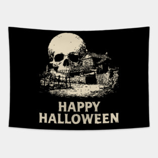 Haunted Skull Halloween Retro Poster Tapestry