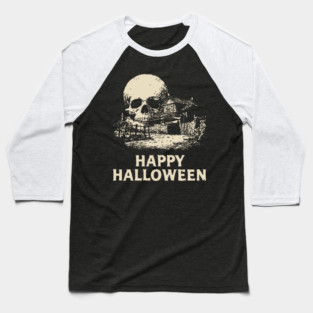 Haunted Skull Halloween Retro Poster Baseball T-Shirt