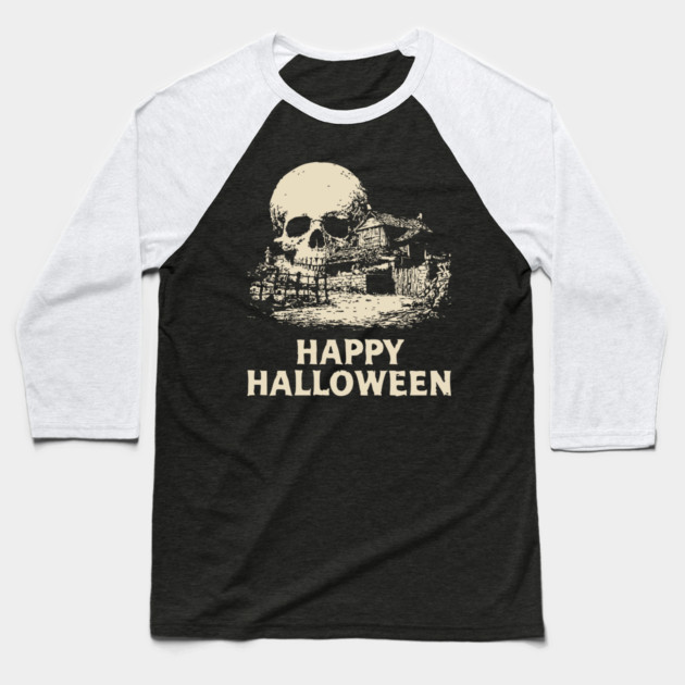 Haunted Skull Halloween Retro Poster Baseball T-Shirt by TuncGK