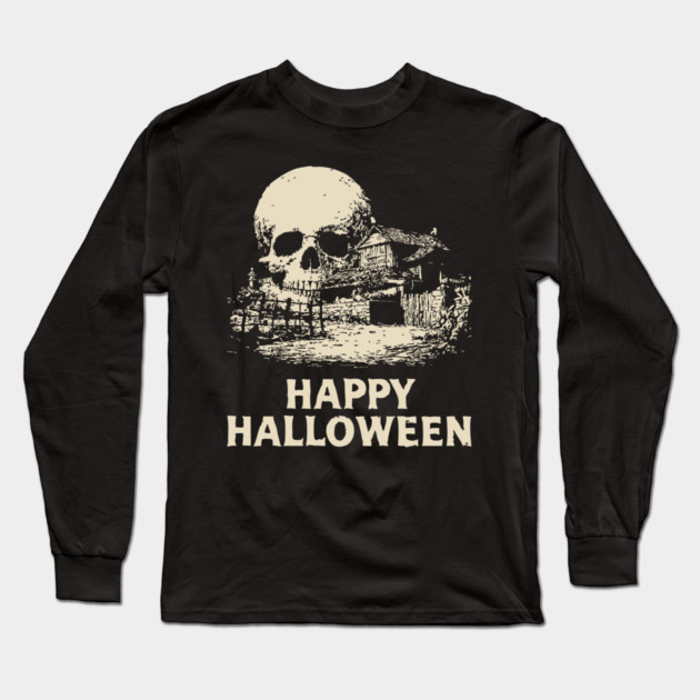 Haunted Skull Halloween Retro Poster Long Sleeve T-Shirt by TuncGK