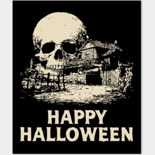 Haunted Skull Halloween Retro Poster Posters and Art