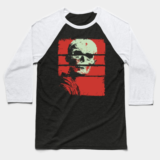 Skull in Red Retro Horror Poster Baseball T-Shirt by TuncGK
