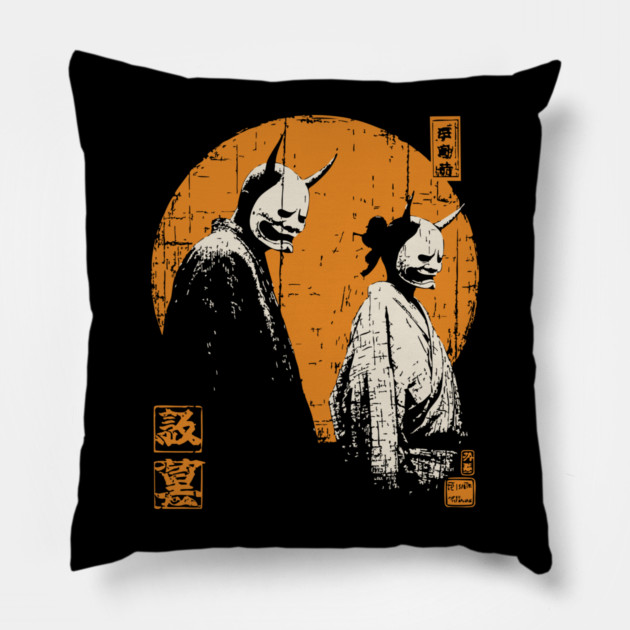 Twin Oni Demons Vintage Illustration Pillow by TuncGK