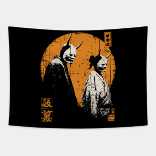 Twin Oni Demons Vintage Illustration Tapestry
