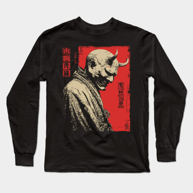 Japanese Oni Demon Mask Portrait Long Sleeve T-Shirt by TuncGK