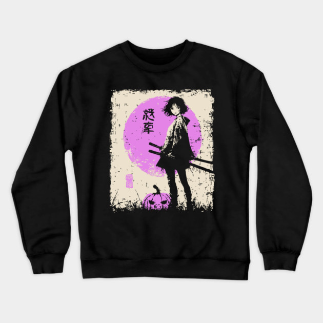 Anime Girl With Katana and Pumpkin Crewneck Sweatshirt by TuncGK