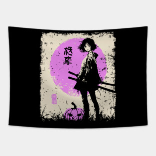 Anime Girl With Katana and Pumpkin Tapestry