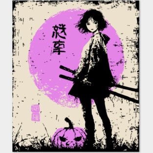 Anime Girl With Katana and Pumpkin Posters and Art