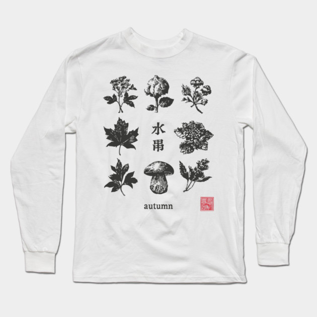 Autumn Mushrooms and Japanese Botanical Art Long Sleeve T-Shirt by TuncGK
