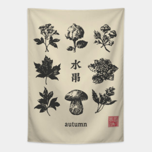 Autumn Mushrooms and Japanese Botanical Art Tapestry