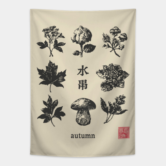 Autumn Mushrooms and Japanese Botanical Art Tapestry by TuncGK