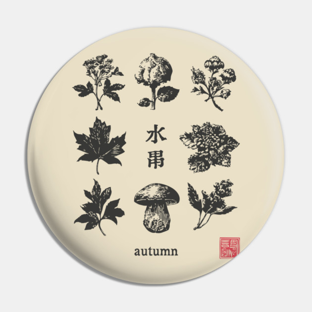 Autumn Mushrooms and Japanese Botanical Art Pin by TuncGK