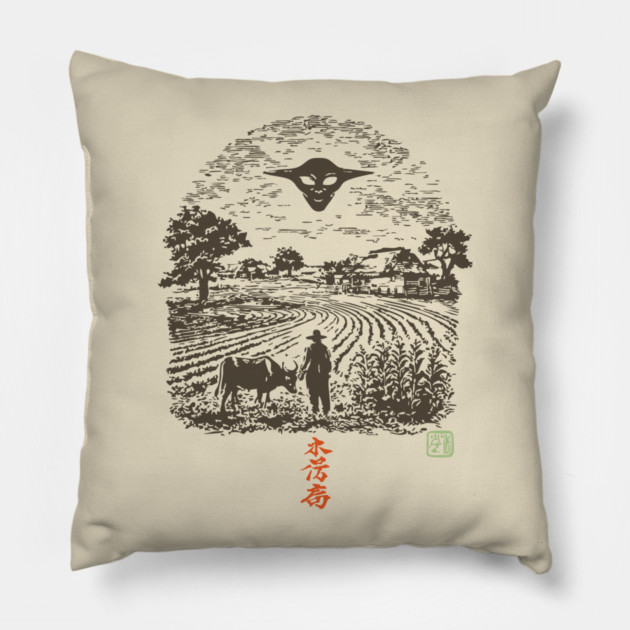 UFO Over the Farm Fields Pillow by TuncGK