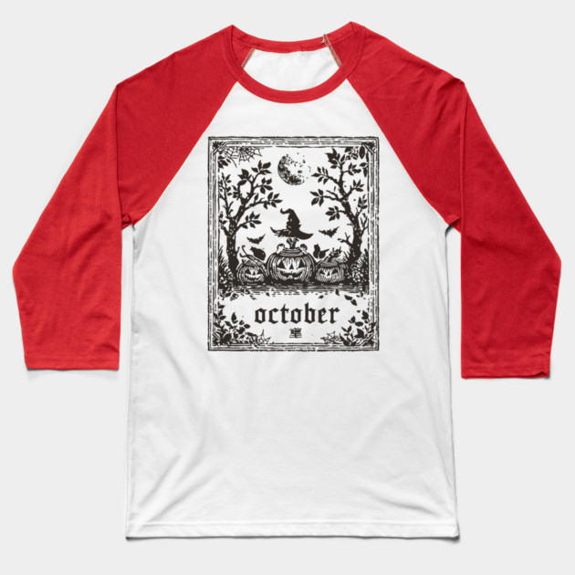 October Witch and Pumpkins Baseball T-Shirt by TuncGK