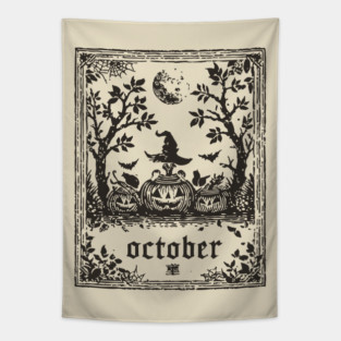 October Witch and Pumpkins Tapestry