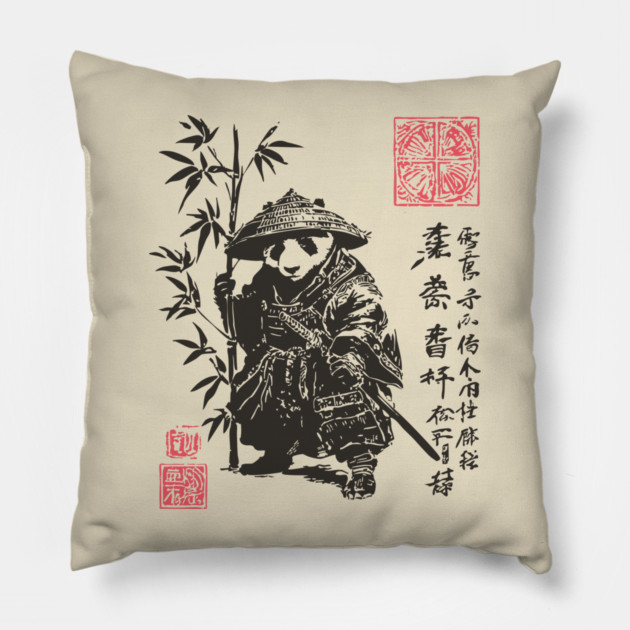 Samurai Panda with Japanese Script Pillow by TuncGK