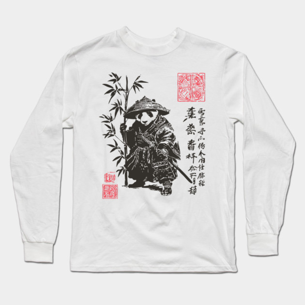Samurai Panda with Japanese Script Long Sleeve T-Shirt by TuncGK