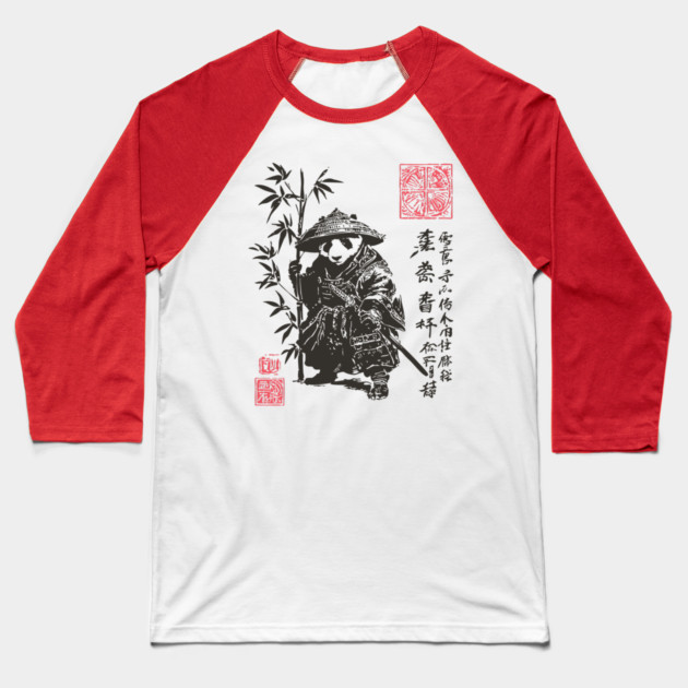 Samurai Panda with Japanese Script Baseball T-Shirt by TuncGK