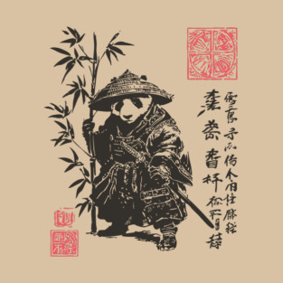 Samurai Panda with Japanese Script T-Shirt
